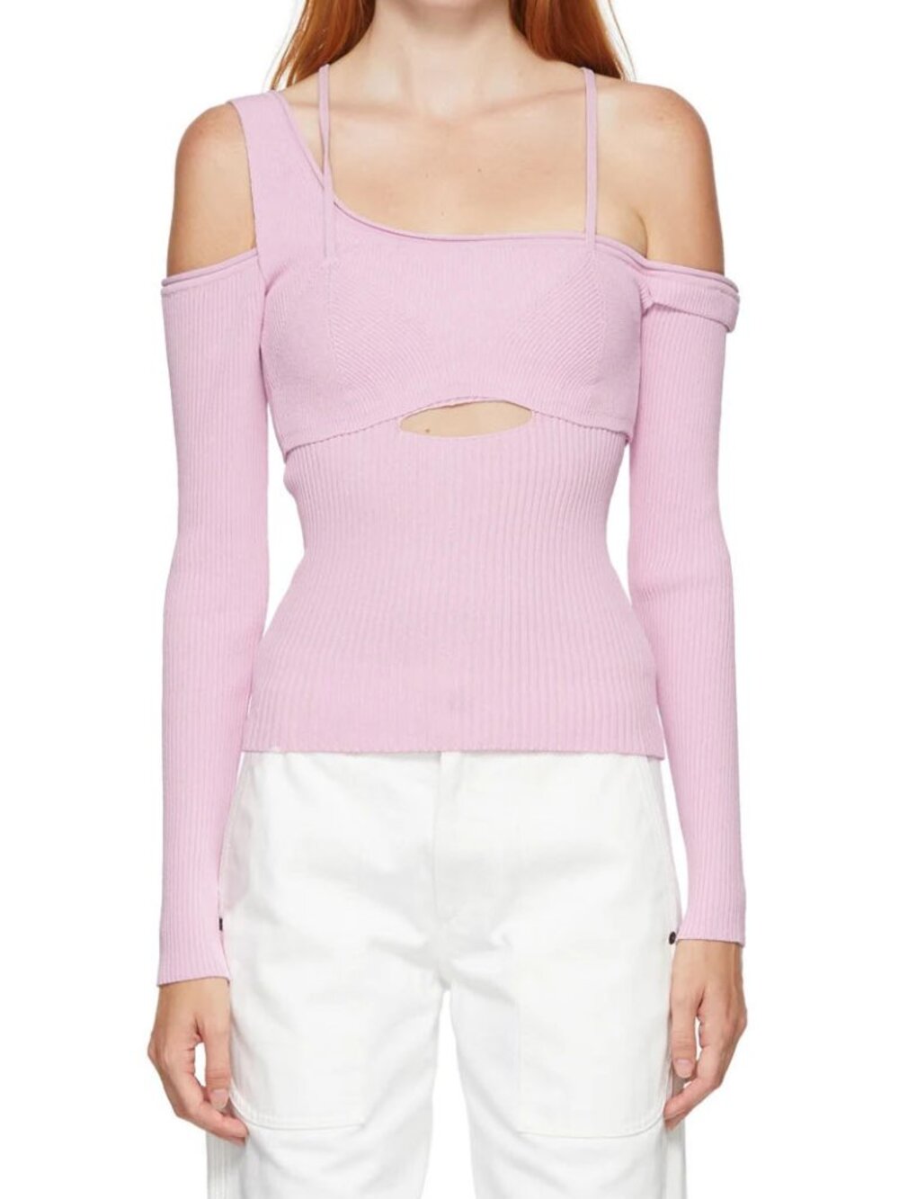 Jacquemus Pink La Maille Figuerolles Sweater Ribbed Knit Cutout Top FR 34